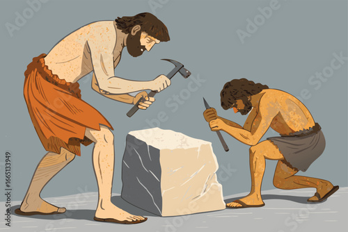 Cavemen carving stone tools in bold, flat style.