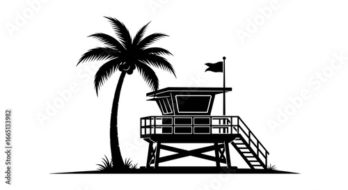 Silhouette of a lifeguard tower with a flag and a palm tree on a white setting area view