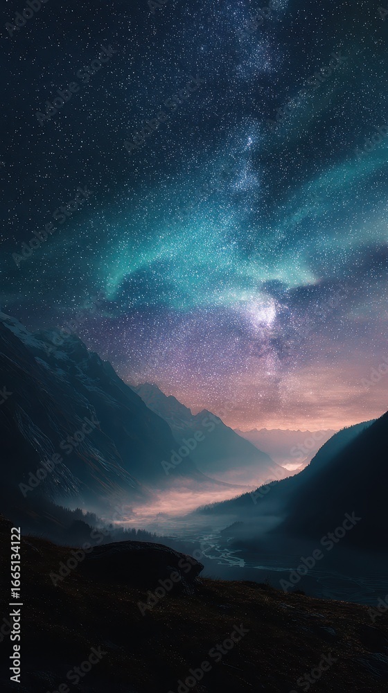 Fototapeta premium Mountain valley starry night, milky way above. Landscape for travel, astronomy use