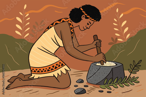 Cavewoman grinds seeds using ancient stone tools.