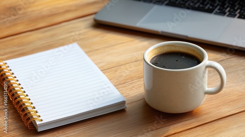 Coffee mug and notebook on wooden desk near laptop for productive work session