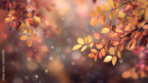 Golden and red autumn leaves with soft bokeh light