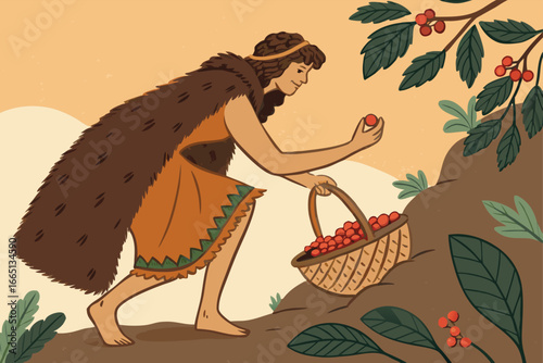 Cavewoman gathering berries in a fur cloak.