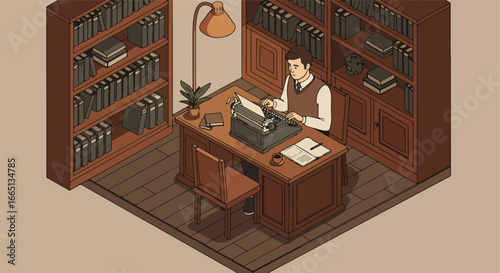 Cartoon man typing. Retro office scene with full bookshelf background. Storytelling art