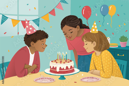 Kids joyfully celebrate a birthday around a cake.