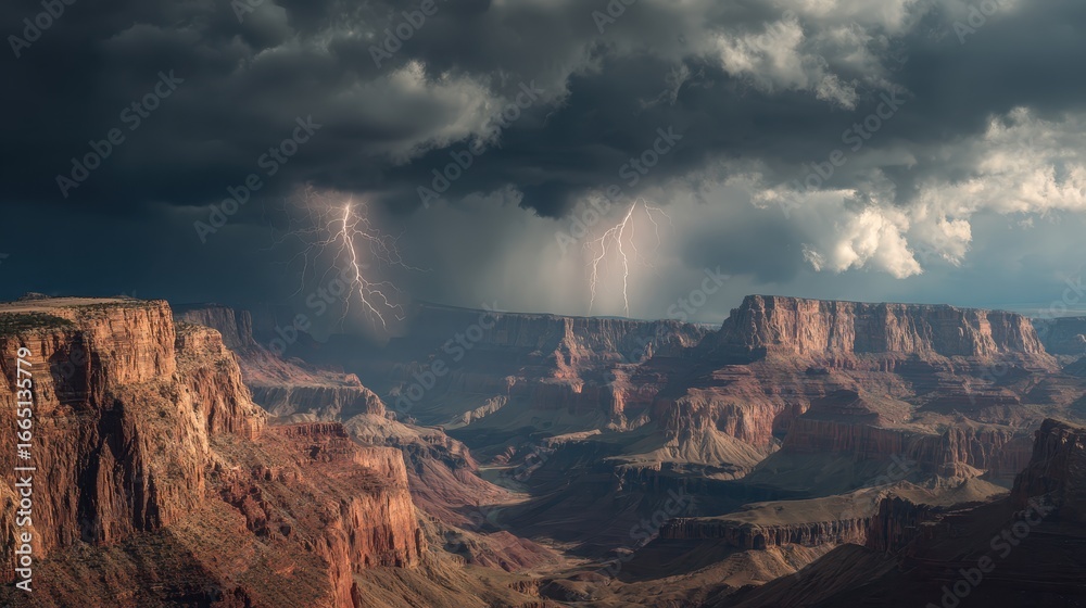 Fototapeta premium Lightning storm over Grand Canyon cliffs, dramatic sky, nature wallpaper