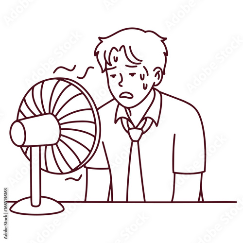 Line art of man sitting at desk near fan, sweating and tired. He shows signs of exhaustion from heat