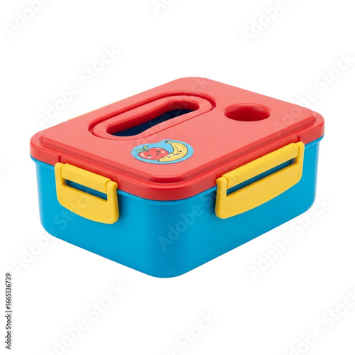 Colorful plastic lunch box with compartments and cup holder isolated on transparent background