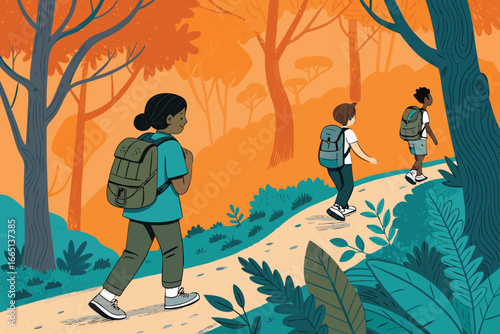 Children exploring a forest trail with backpacks.
