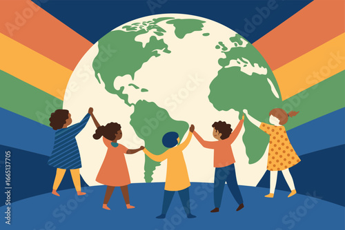 Diverse children holding hands, symbolizing unity and friendship.