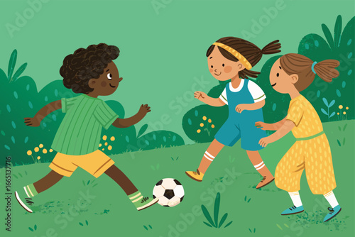 Diverse children joyfully playing soccer together.