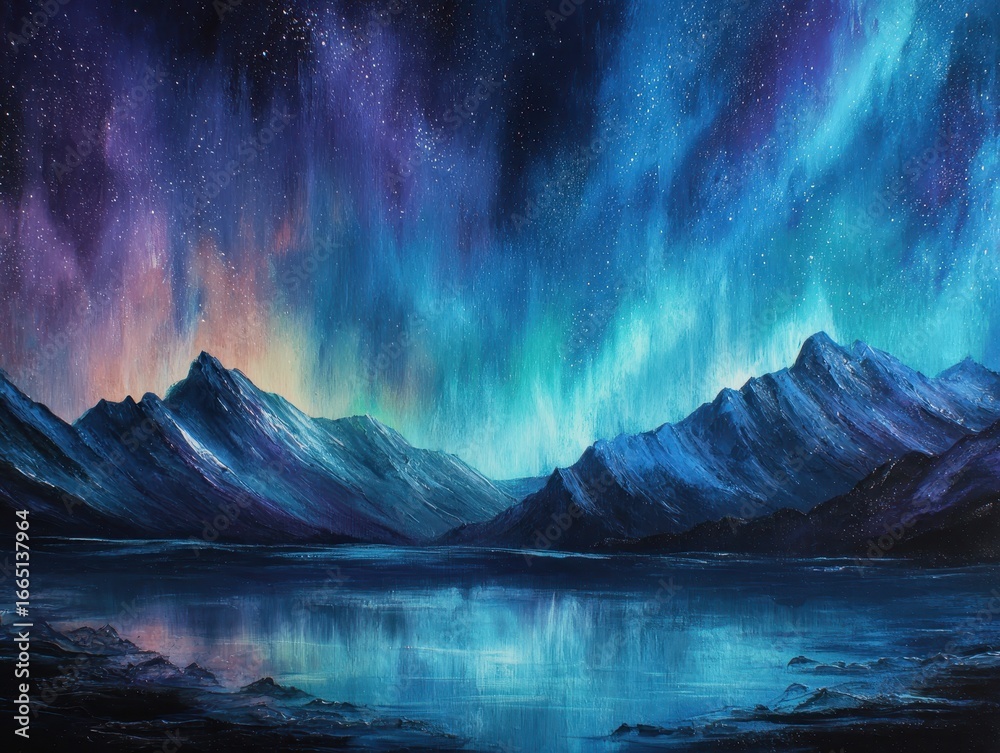 Fototapeta premium Northern Lights shine over lake & mountains. Tranquil scene ideal for calendar use