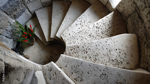 Curved stone staircase with a vibrant plant at the base inside a historical building