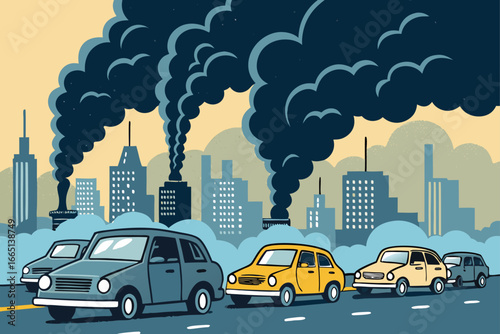 City traffic jam, thick smog, congested roads.