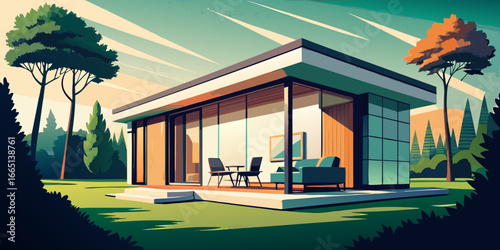House in a park with garden and lawn surrounded by trees and greenery