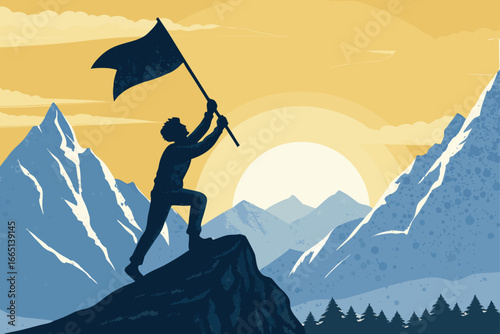 A triumphant climber plants a flag at the summit.