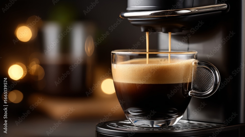 Fototapeta premium Closeup of fresh espresso being poured from a coffee machine into a clear glass cup with bokeh lights