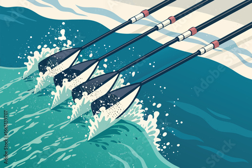 Close up of synchronized rowers' paddles splashing water.