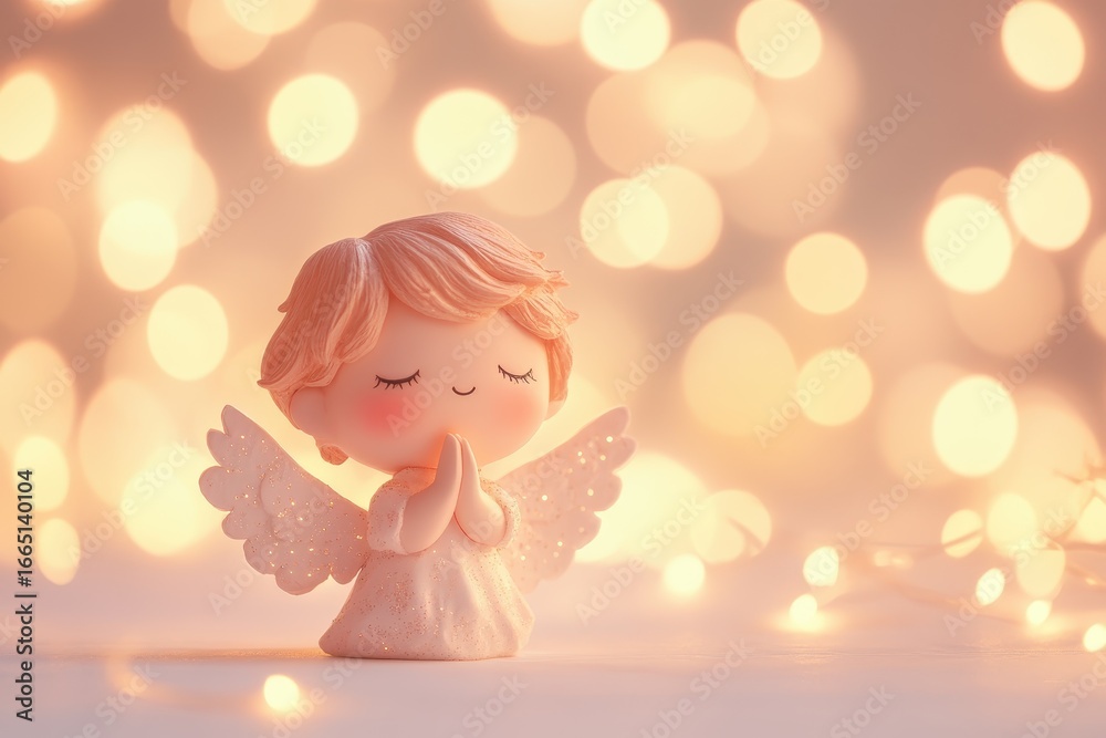 Fototapeta premium Whimsical angel figurine with soft bokeh lights creating a dreamy and enchanting atmosphere