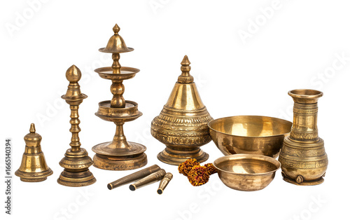 A Set of Dashain Puja Utensils Including a Brass Isolated On Transparent Background.