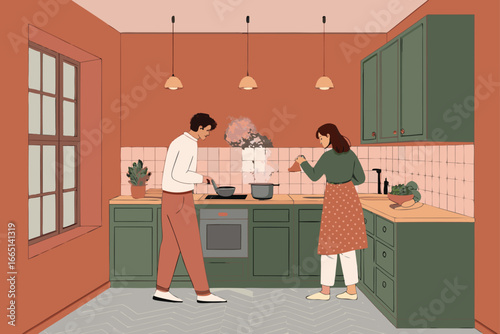 Couple happily cooking dinner together in a cozy kitchen.