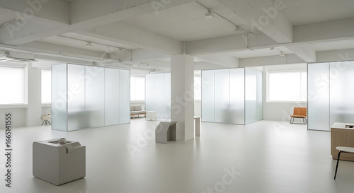 A bright white room with frosted glass dividers and minimal furniture creating a modern workspace