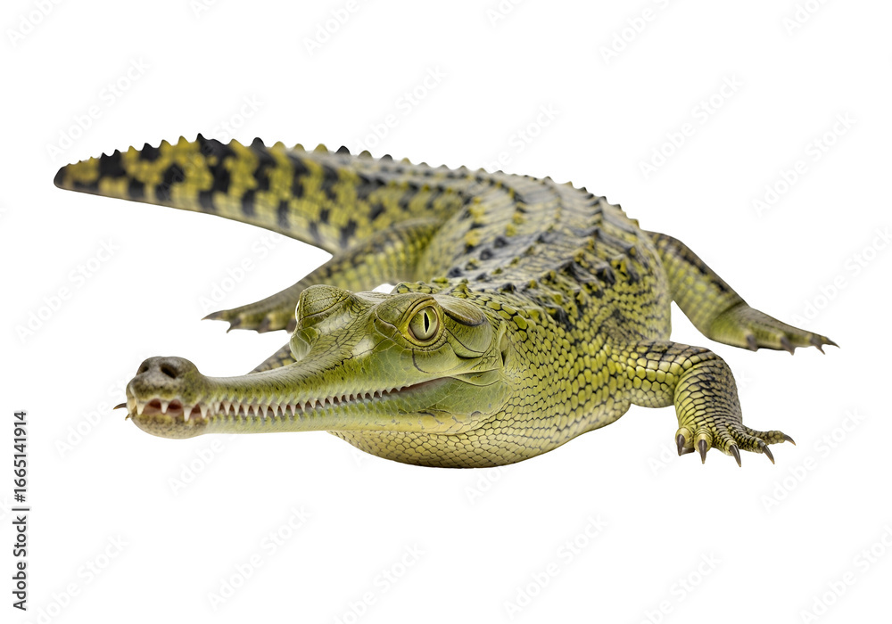 Naklejka premium A young, vibrant green crocodile with intricate patterns, presented against a striking black backdrop.