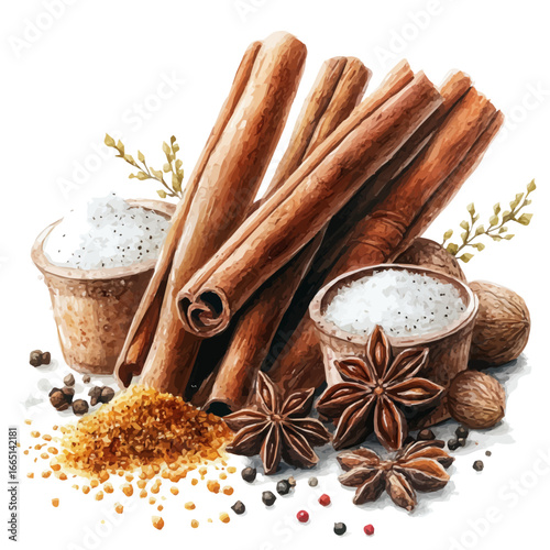 watercolor of Cinnamon Sticks And Spices, vector, isolated on a white background.