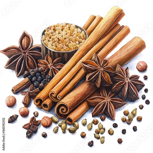 Cinnamon Sticks And Spices, watercolor vector, isolated on a white background.