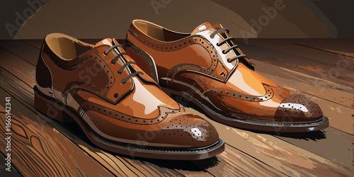 Pair of brown leather shoes on wooden background