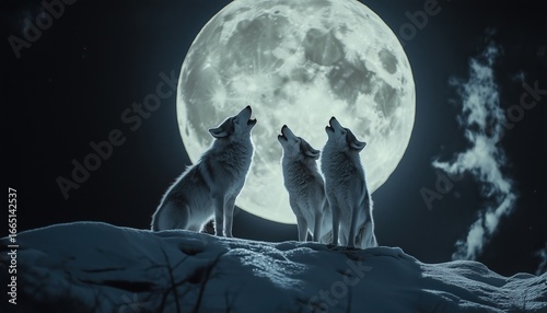 Wolves Let Out Haunting Howls Under The Glowing Light Of The Full Moon In The Night Sky.