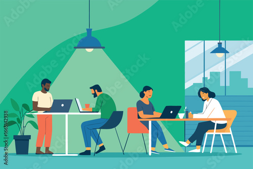 Young entrepreneurs focused on coding in a vibrant coworking space.