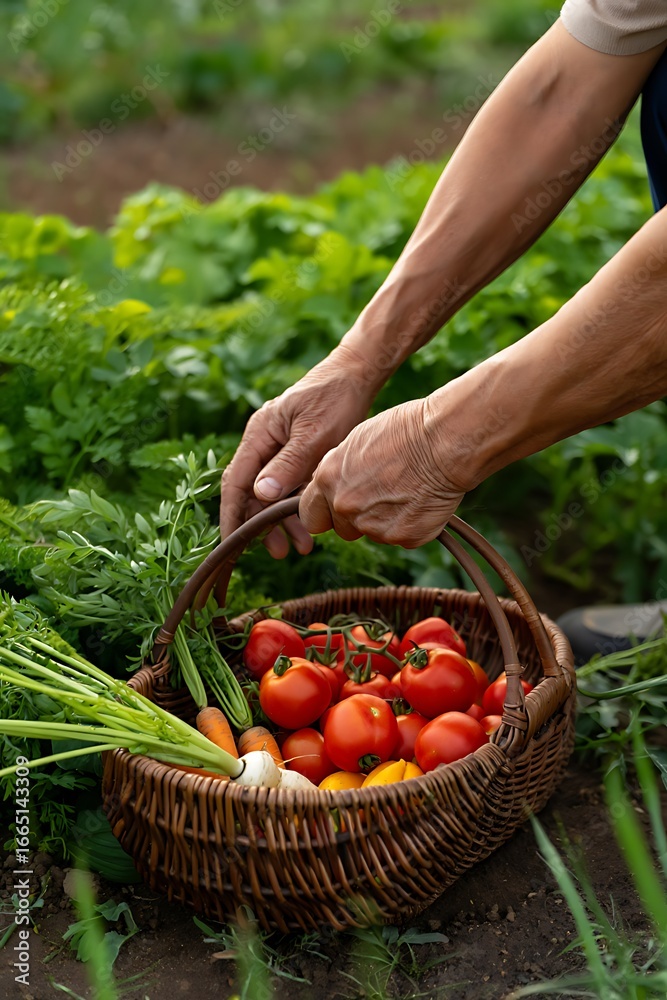 Fototapeta premium Farmer s hands harvesting fresh vegetables in a wicker basket