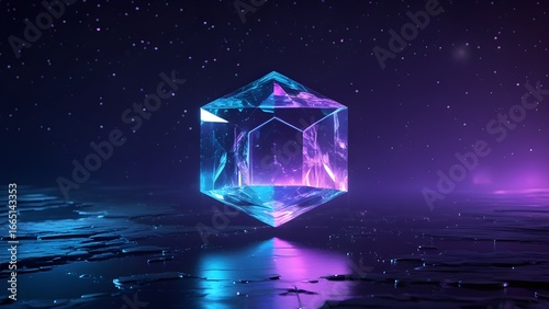 Futuristic Glowing Crystal Cube Abstract Background

