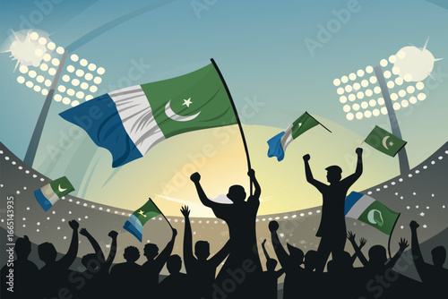 Jubilant crowds celebrating a victory in a stadium, waving flags.