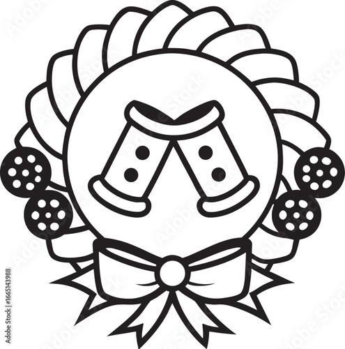 Black and white icon of clinking glasses and festive wreath