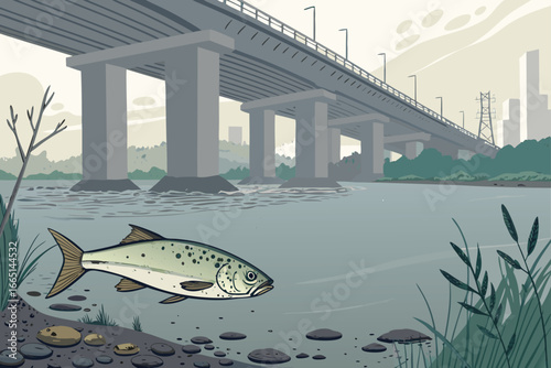 Dead fish float beneath a polluted bridge in a river.