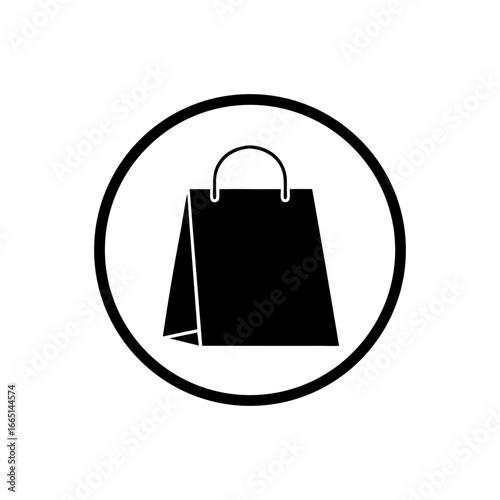 Bold geometric shopping bag silhouette icon in circle clean minimalist retail vector design on white