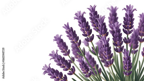 Close up of vibrant purple lavender flowers against a clean white background