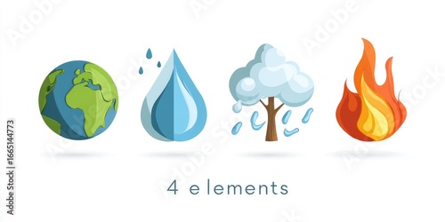 Stylized earth, water drop, tree, and flame icons representing the four classical elements, on a white background