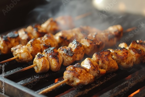Deliciously grilled chicken skewers sizzling over hot coals on a barbecue grill