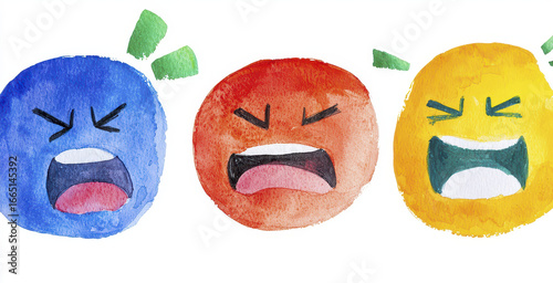 Colorful watercolor emoticons express strong emotions with vibrant hues and exaggerated facial features, showcasing joy