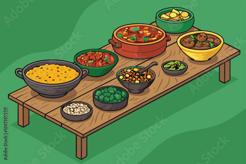 A diverse array of global foods artfully arranged on a spacious table.