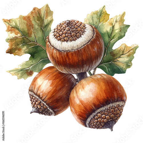 Chestnuts And Acorns Closeup, watercolor clipart vector, isolated on a white background.