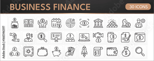 Business Finance Icons Pack : money management, savings, investment, currency exchange, banking, safe, piggy bank, wallet, contract, financial growth, online finance