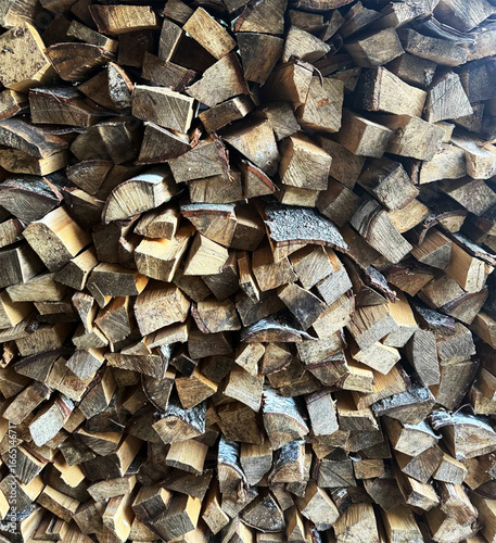 Pile of chopped firewood ready for use in a fireplace or wood stove.