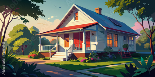 House surrounded by trees in a peaceful forest park