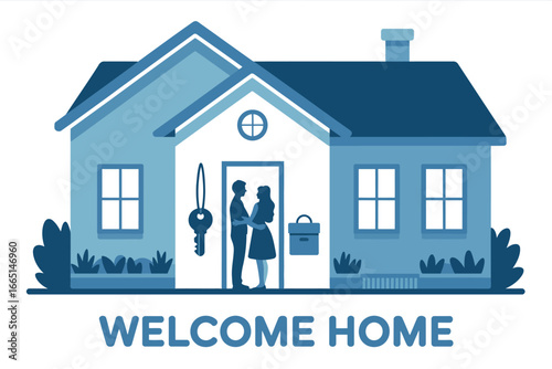 A couple embracing in the doorway of a blue house with a key hanging nearby and welcome home text below