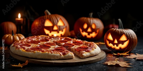 Delicious pepperoni pizza with spooky halloween jack. Savory spiced flatbread pie frightful autumn gourd holiday treat tasty snack october scary festive cuisine cooked baked
