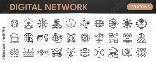 Digital Network & Connectivity Icons Pack : network nodes, global networks, cloud computing, routers, modems, servers, Wi-Fi, Ethernet cables, radio towers, laptops, protocols, internet